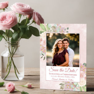 Save The Date Mariage photo floral bohème chic aquarelle rose