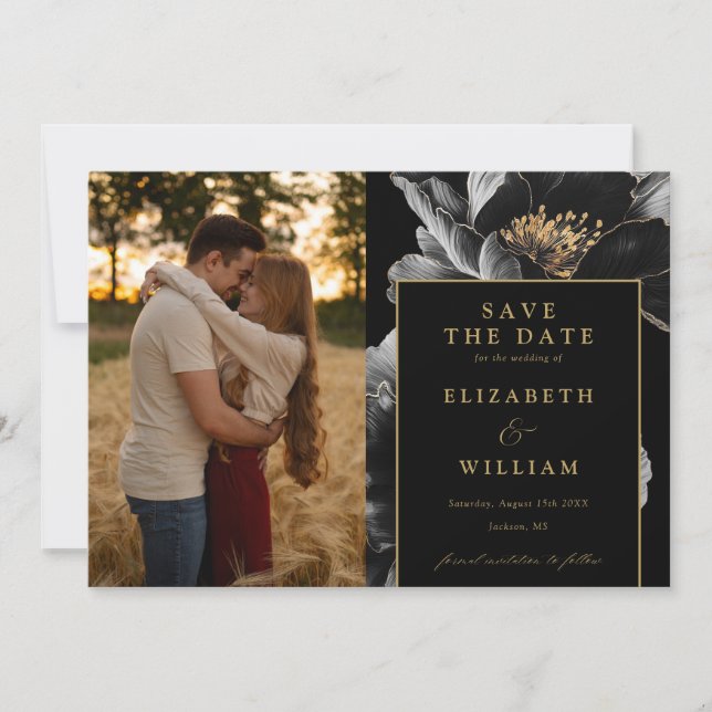 Save The Date Mariage Photo Floral Chic Et Noir Et Or (Devant)