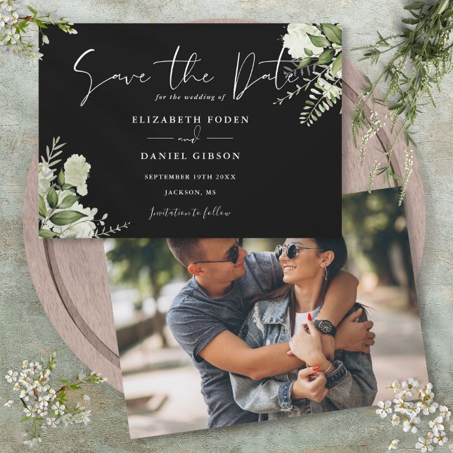 Save The Date Mariage Photo Floral De Fleurs En Noir Et Blanc (Black And White Greenery Floral Photo Wedding Save The Date)