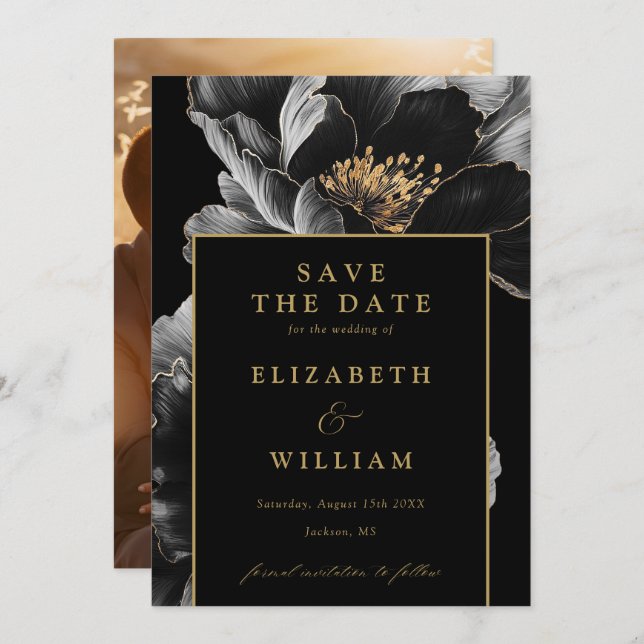 Save The Date Mariage photo floral élégant chic noir et or (Devant / Derrière)