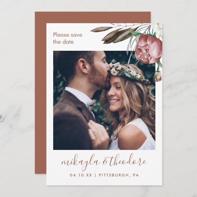 Save The Date Mariage photo floral en terre cuite moderne Boho (Devant / Derrière)