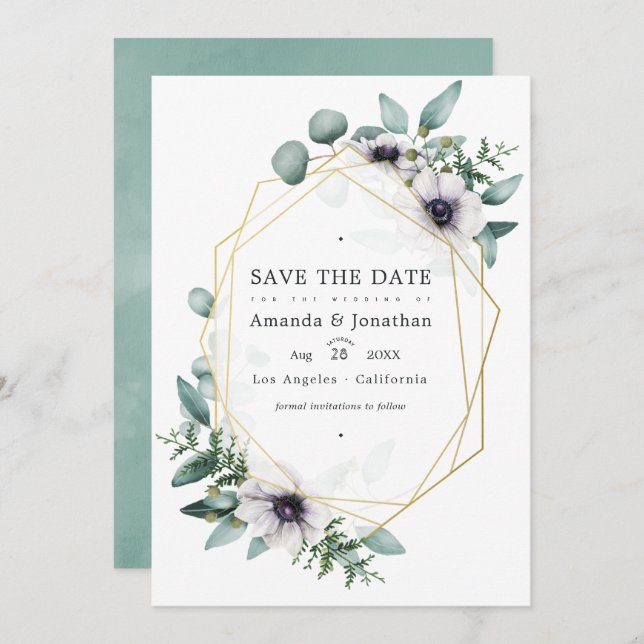 Save The Date Mariage photo floral géométrique à l'eucalyptus (Devant / Derrière)
