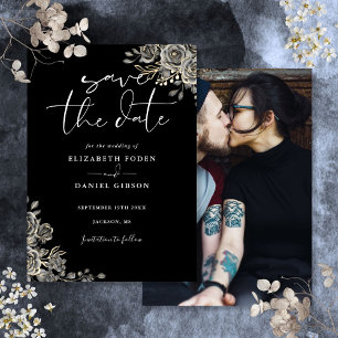 Save The Date Mariage photo floral gothique noir et blanc