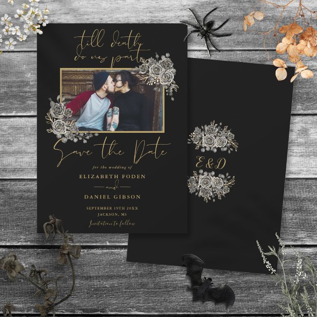 Save The Date Mariage photo floral gothique noir et or (Black And Gold Gothic Floral Photo Wedding Save The Date)