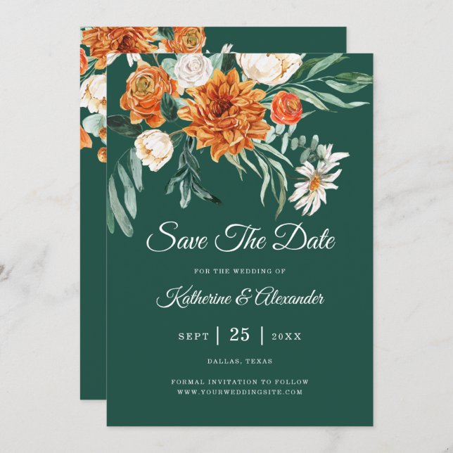 Save The Date Mariage Photo Floral Orange Élégant Vert Émeraude (Devant / Derrière)