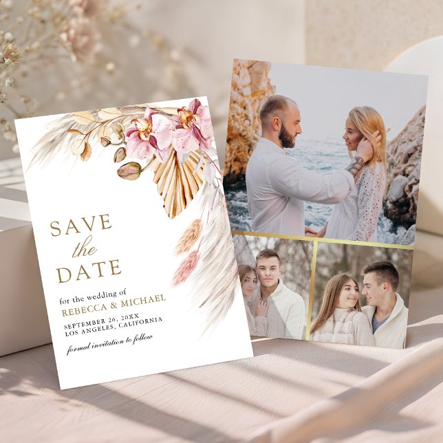 Save The Date Mariage photo floral orchidée rose Boho Pampas (Créateur téléchargé)