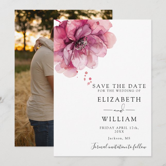 Save The Date Mariage photo floral rose poudré aquarelle moderne (Devant / Derrière)