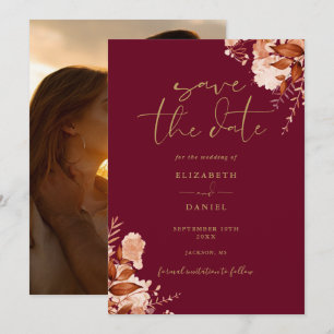 Save The Date Mariage Photo Floral Rustique Automne Bourgogne Et