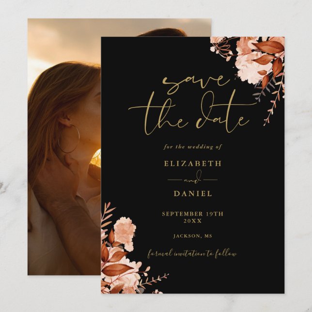 Save The Date Mariage Photo Floral Rustique Automne Noir Et Or (Devant / Derrière)