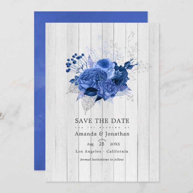 Save The Date Mariage photo floral rustique bleu royal et argent (Devant / Derrière)