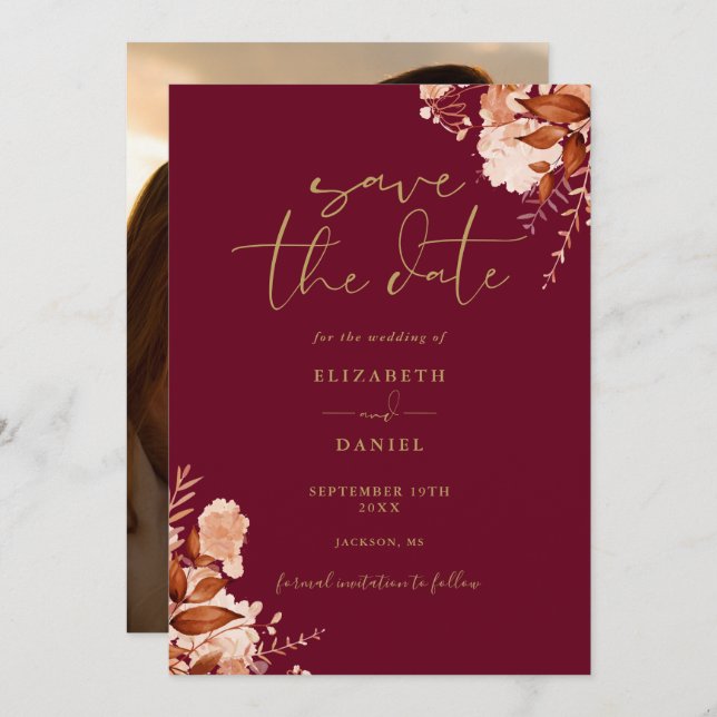 Save The Date Mariage photo floral rustique Burgundy Et Gold Fal (Devant / Derrière)