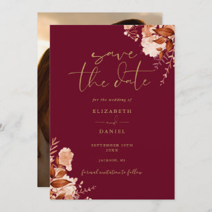 Save The Date Mariage photo floral rustique Burgundy Et Gold Fal