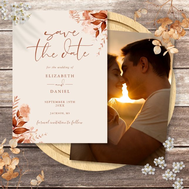 Save The Date Mariage photo floral rustique d'automne (Autumn Fall Rustic Floral Photo Wedding Save The Date)