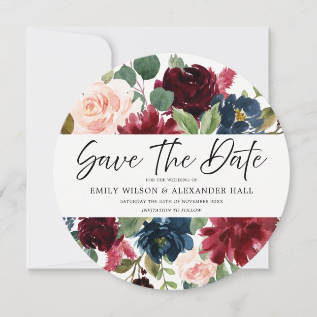 Save The Date Mariage Photo Floral Script Vin Rouge de Bourgogne (Devant)