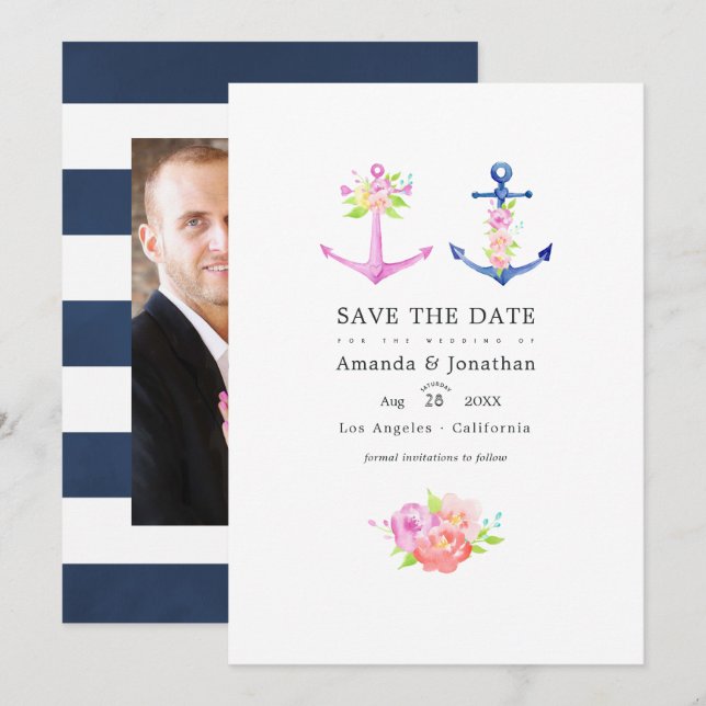 Save The Date Mariage photo floral thème nautique aquarelle (Devant / Derrière)