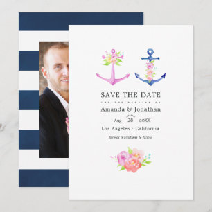 Save The Date Mariage photo floral thème nautique aquarelle