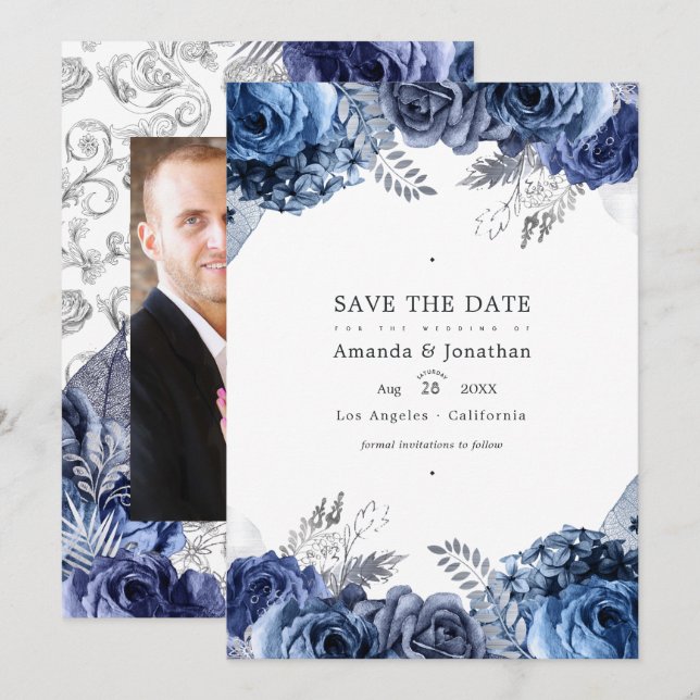 Save The Date Mariage photo floral toile argent et bleu marine (Devant / Derrière)