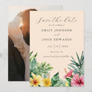 Save The Date Mariage photo floral tropical aquarelle pêche