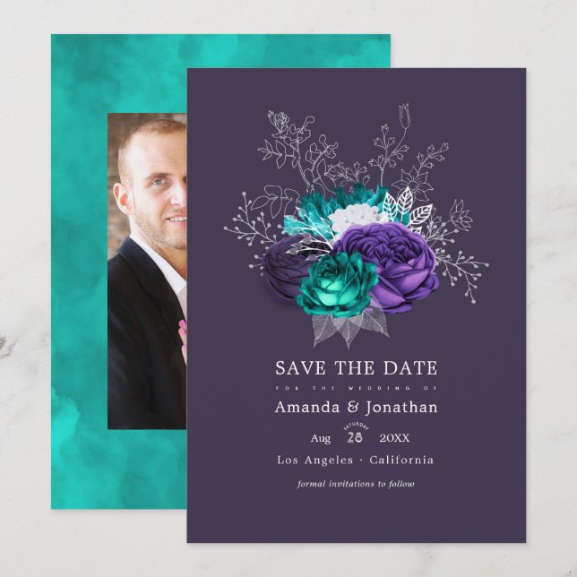 Save The Date Mariage photo floral violet rustique et turquoise (Devant / Derrière)