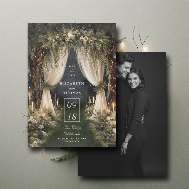 Save The Date Mariage photo Forêt enchantée Canopée romantique (enchanted forest woodland wedding save the date romantic canopy fairy tale magic bespoke)