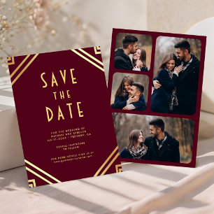 Save The Date Mariage photo géométrique Art Déco Bourgogne Or