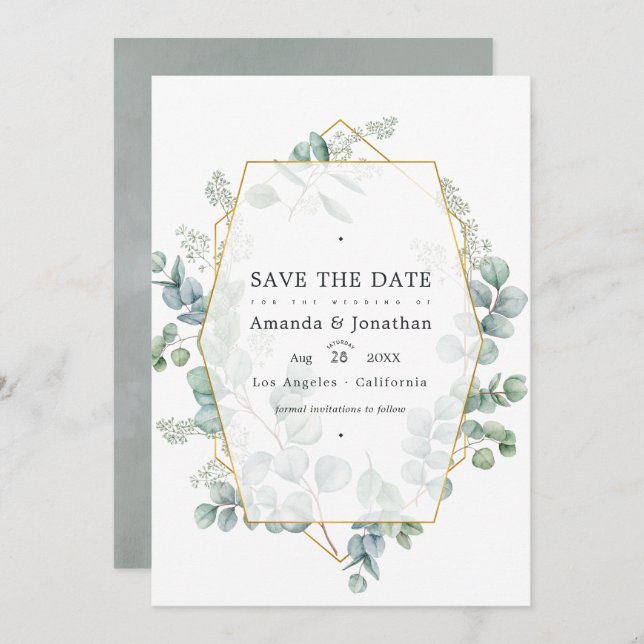 Save The Date Mariage photo géométrique Eucalyptus Sauge argenté (Devant / Derrière)