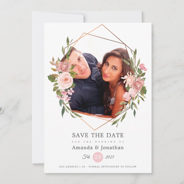 Save The Date Mariage photo géométrique rose Gold et Blush (Devant)
