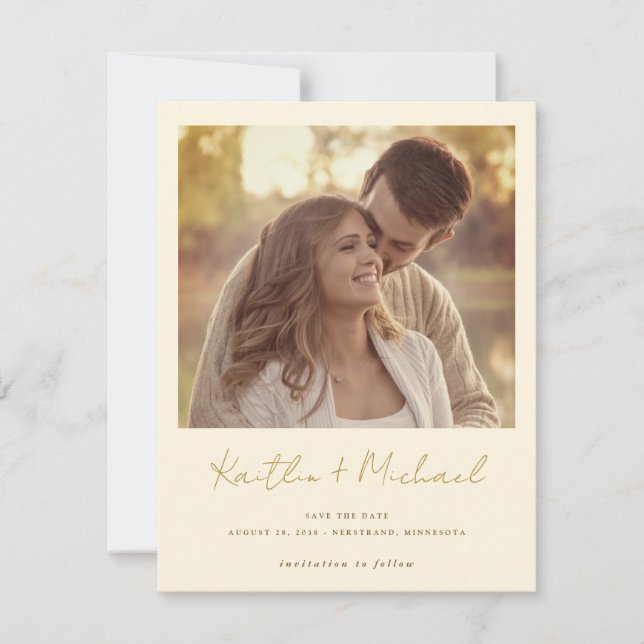 Save The Date Mariage photo Gold & Cream Modern Handwriting (Devant)