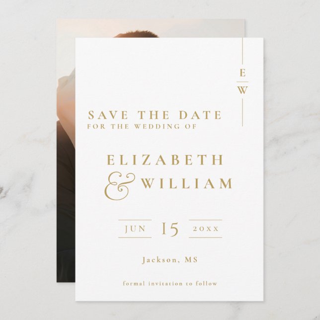 Save The Date Mariage photo Gold Elegant Moderne Monogramme (Devant / Derrière)