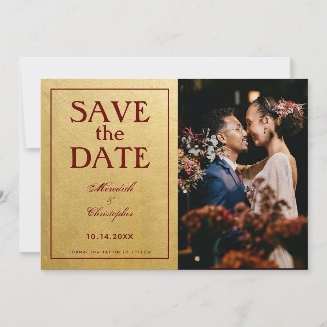 Save The Date Mariage photo Gold et Bourgogne (Devant)