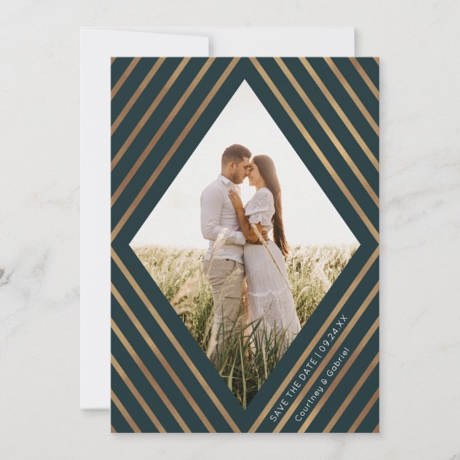 Save The Date Mariage photo Gold Stripes Diamond Frame (Devant)