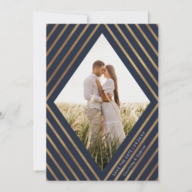 Save The Date Mariage photo Gold Stripes Diamond Frame (Devant)