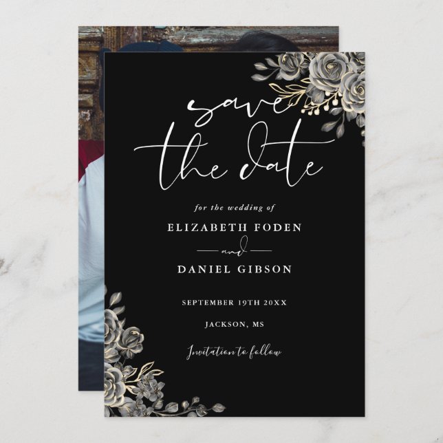 Save The Date Mariage photo gothique noir et blanc (Devant / Derrière)