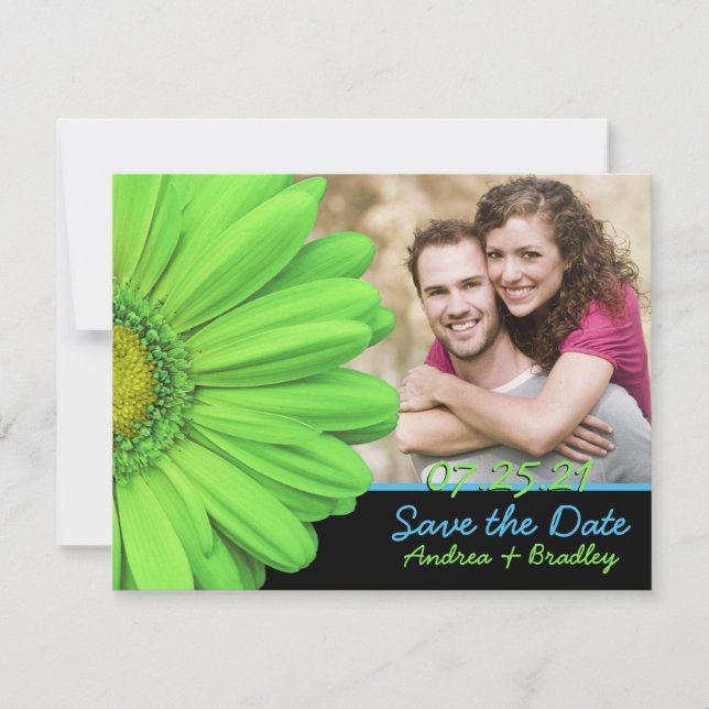 Save The Date Mariage photo Green Blue Gerbera Daisy (Devant)