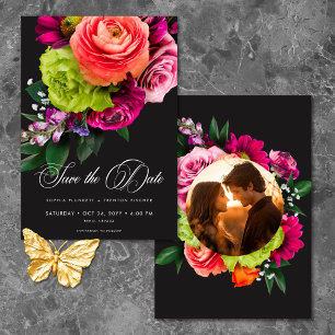 Save The Date Mariage Photo Luxe Floral Vibrant Rose Noir