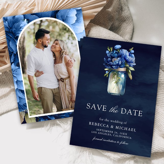 Save The Date Mariage photo Mason Jar bleu foncé (Créateur téléchargé)