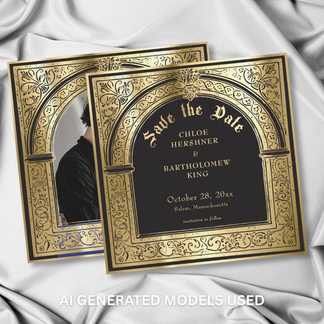 Save The Date Mariage Photo Médiéval Or Noir Gothique (Gothic Black Gold Medieval Photo Wedding Save The Date)