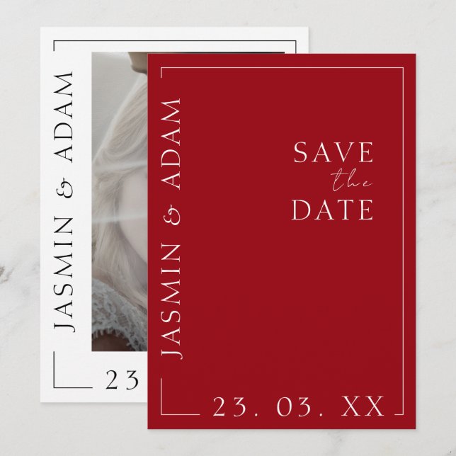 Save The Date Mariage photo minimal rouge Crimson blanc (Devant / Derrière)