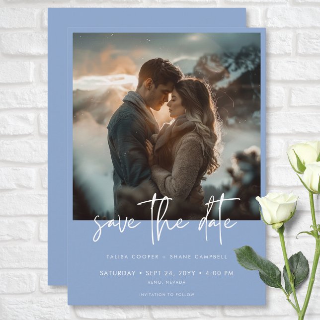 Save The Date Mariage photo moderne bleu poussiéreux minimal (Minimal Dusty Blue Modern Photo Wedding Save The Date)
