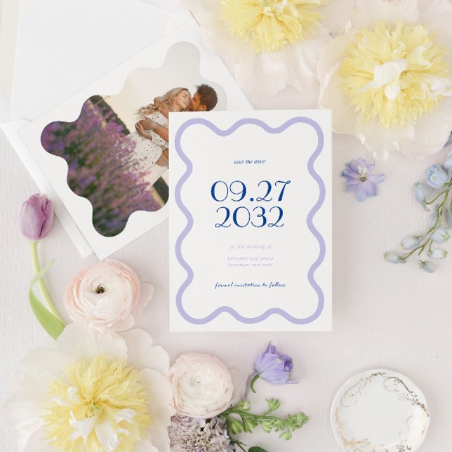 Save The Date Mariage photo moderne Blue Lavender Wave Scallop (Créateur téléchargé)