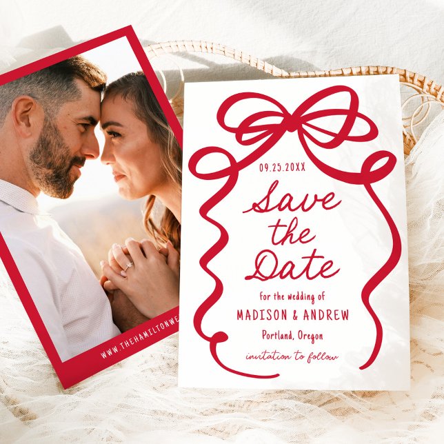 Save The Date Mariage photo moderne Bold Red Bow (Créateur téléchargé)