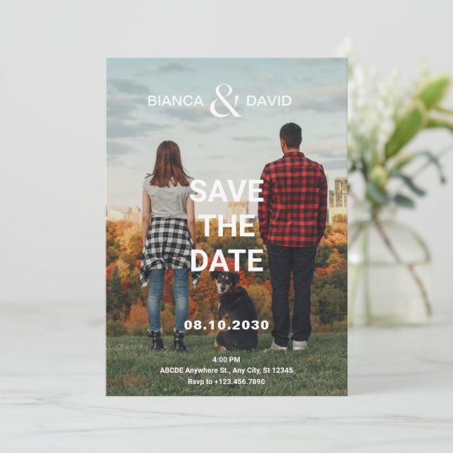 Save The Date Mariage photo moderne couple et animal de compagni (Debout devant)
