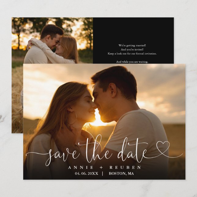 Save The Date Mariage photo moderne Elegant Heart Script (Devant / Derrière)