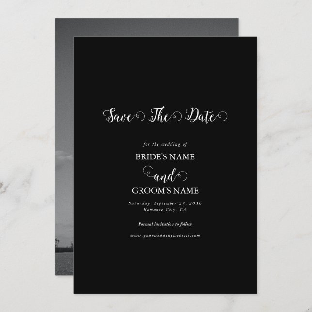 Save The Date Mariage photo moderne en noir et blanc (Devant / Derrière)