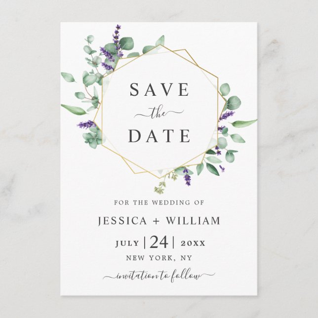 Save The Date Mariage PHOTO moderne Eucalyptus Lavender Foliing (Devant)