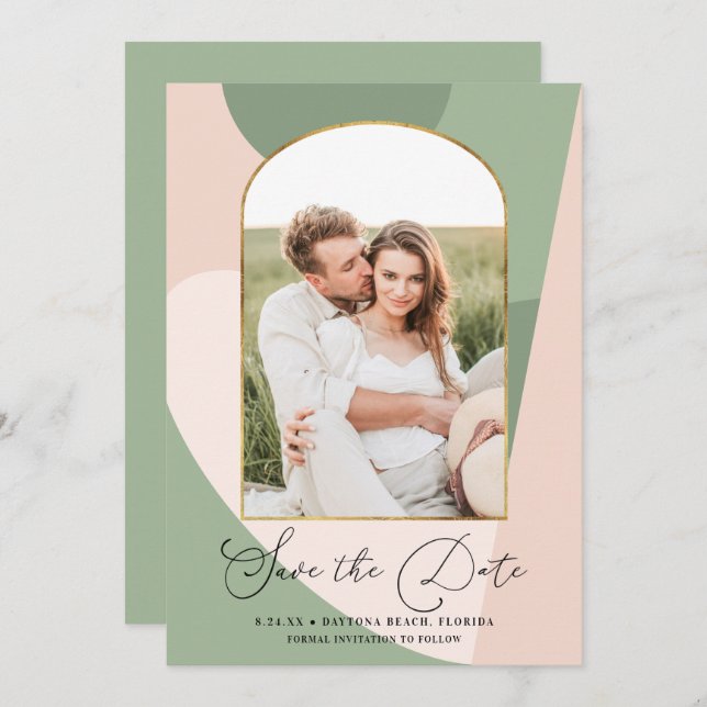 Save The Date Mariage photo moderne Geo Sage vert Dusty rose (Devant / Derrière)