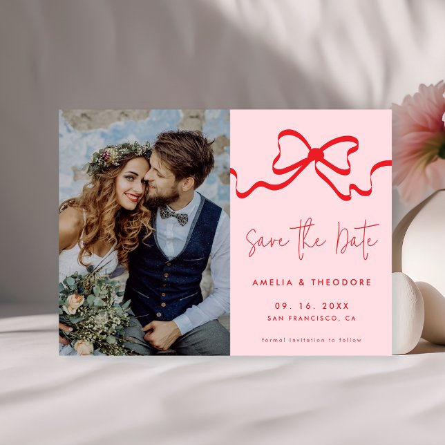 Save The Date Mariage photo moderne Pink Red Bow (Créateur téléchargé)
