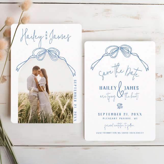 Save The Date Mariage photo moderne Quirky Hand Draw Bow BLUE (Modern elegant hand drawn written coquette blue & white bow script typography quirky Photo Wedding)