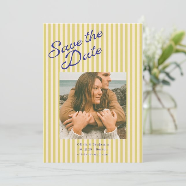 Save The Date Mariage Photo Moderne Rayé Chartreuse Côté Mer (Debout devant)