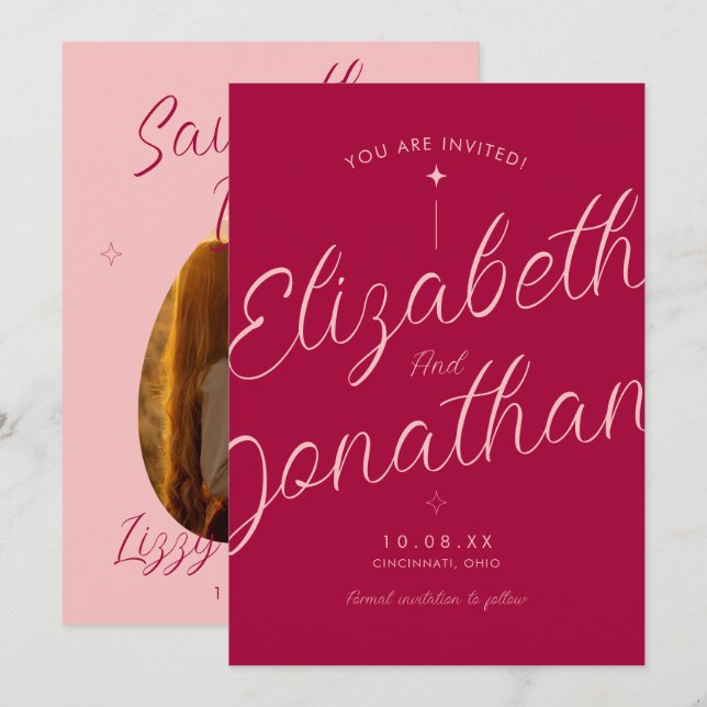 Save The Date Mariage Photo Moderne Rétro Fuchsia Rose Gras (Devant / Derrière)